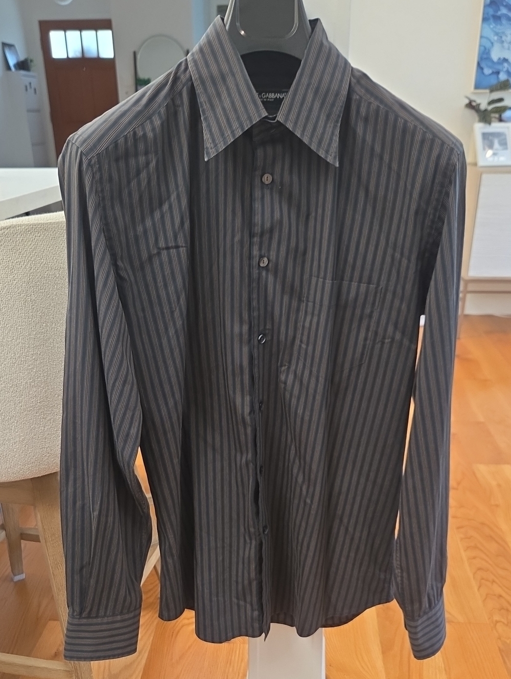 Dolce & Gabbana Men's Black and Gray Pinstripe Lightweight Dress Shirt (16R)